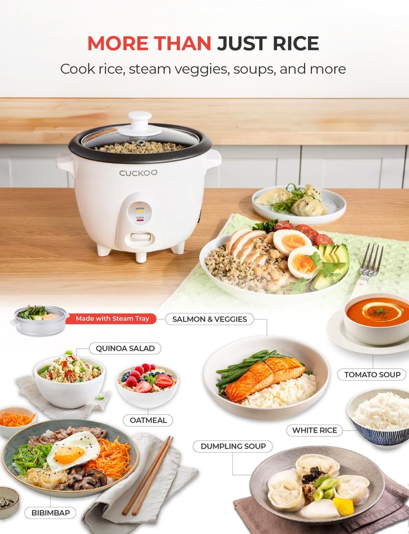 Cuckoo One Touch Rice Cooker 3-Cup (Uncooked) / 6-Cup (Cooked), Mini Rice Cooker & Warmer with Steamer Tray, Versatile Grain Cooker, Soup Maker, Auto Keep Warm, White (CR-0301C) - Image 3